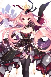Rule 34 | 1girl, bare shoulders, black dress, black gloves, black ribbon, breasts, collarbone, crown, dress, gloves, hair ribbon, highres, large breasts, long hair, looking at viewer, official art, petals, pink hair, red eyes, red ribbon, ribbon, serestia (soccer spirits), shirahane nao, soccer spirits, striped ribbon, thighhighs, transparent background, underwear