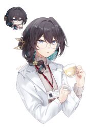 Rule 34 | 1girl, absurdres, aqua eyes, bead necklace, beads, chibi, colored inner hair, cup, glasses, highres, honkai: star rail, honkai (series), id card, jewelry, lab coat, looking at viewer, multicolored hair, necklace, official alternate costume, ponytail, ruan mei (honkai: star rail), scientist, simple background, solo, sweater, tea, teacup, turtleneck, turtleneck sweater, upper body, visharie, white background
