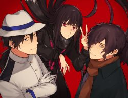Rule 34 | 1girl, 2boys, black eyes, black hair, commentary request, crossed arms, facial hair, fate/grand order, fate (series), fedora, gloves, hair over one eye, hat, highres, long hair, low ponytail, multiple boys, okada izou (fate), orange eyes, oryou (fate), pink eyes, ponytail, red background, sakamoto ryouma (fate), scarf, smile, stubble, usamimikurage, v, white gloves