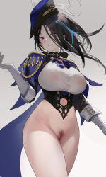 Rule 34 | 1girl, black corset, black hair, bottomless, breasts, cape, chinese commentary, clorinde (genshin impact), closed mouth, corset, covered erect nipples, cowboy shot, crossed legs, elbow gloves, epaulettes, female pubic hair, genshin impact, gloves, grey background, hair over one eye, hand up, hat, highres, large breasts, long hair, looking at viewer, multicolored hair, omone hokoma agm, pubic hair, purple cape, purple eyes, purple hat, shirt, solo, streaked hair, taut clothes, taut shirt, tricorne, vision (genshin impact), white gloves, white shirt