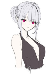 Rule 34 | 1girl, bare shoulders, black shirt, breasts, character request, closed mouth, collarbone, girls&#039; frontline, hair ornament, ingerdoll, long hair, looking at viewer, medium breasts, purple eyes, shirt, simple background, solo, upper body, white background, white hair