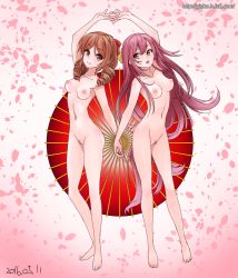 Rule 34 | 10s, 2016, 2girls, :o, arm up, armpits, artist name, bad id, bad pixiv id, barefoot, blush, breasts, breasts apart, brown eyes, brown hair, cherry blossoms, cleft of venus, closed mouth, collarbone, dated, drill hair, full body, ginko (silver fox), groin, harukaze (kancolle), holding hands, kamikaze (kancolle), kantai collection, long hair, looking at viewer, low twintails, medium breasts, midriff, multiple girls, navel, nipples, nude, open mouth, parasol, petals, purple eyes, purple hair, pussy, sidelocks, small breasts, smile, standing, stomach, tareme, twin drills, twintails, umbrella, uncensored, watermark, web address