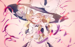 Rule 34 | 1girl, apron, black dress, black hat, blonde hair, blurry, blurry foreground, blush, braid, closed eyes, commentary, confetti, cowboy shot, dress, facing viewer, hair ribbon, hand on own cheek, hand on own face, hat, hat ribbon, head tilt, highres, kirisame marisa, long hair, open mouth, pink background, puffy short sleeves, puffy sleeves, ribbon, short sleeves, simple background, single braid, solo, space print, standing, starry sky print, swept bangs, touhou, tress ribbon, very long hair, witch hat, yurigaoka nayuki