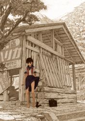Rule 34 | 1girl, absurdres, bag, barefoot, black skirt, blush, braid, brown eyes, brown hair, clothes lift, day, female focus, full body, highres, huge filesize, loafers, low twintails, monochrome background, naruko hanaharu, nature, original, outdoors, partially colored, plant, ruins, school bag, school uniform, shoes, unworn shoes, skirt, skirt lift, solo, standing, traditional media, tree, twin braids, twintails, untied