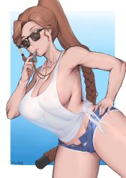 Rule 34 | 1girl, absurdres, armpits, artist name, bikini, bikini bottom only, black bikini, blue background, blue shorts, braid, breasts, brown eyes, brown hair, cleavage, closed mouth, collarbone, covered erect nipples, covered navel, curvy, cutoffs, denim, denim shorts, dutch angle, hair tubes, hand on own hip, high ponytail, highleg, highleg bikini, highres, large breasts, last origin, long hair, looking at viewer, low-cut armhole, micro shorts, miss safety, moebell, open clothes, open shorts, parted bangs, police, police uniform, policewoman, ponytail, see-through, see-through silhouette, shirt, shorts, sideboob, single braid, solo, sunglasses, swimsuit, tank top, tied shirt, uniform, very long hair, whistle, white tank top