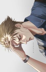 Rule 34 | 1boy, absurdres, artist name, blonde hair, blue shirt, collared shirt, grey background, hand in own hair, highres, jujutsu kaisen, lips, looking at viewer, male focus, nanami kento, nthndn, parted lips, shirt, short hair, solo, upper body, watch