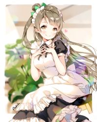 Rule 34 | 1girl, anco (melon85), apron, artist name, black ribbon, blurry, blurry background, blush, bow, brown eyes, commentary request, dress, frilled apron, frills, green bow, grey hair, hair bow, hands on own chest, heart, long hair, looking at viewer, love live!, love live! school idol project, maid, maid headdress, minami kotori, neck ribbon, one side up, ribbon, short sleeves, sitting, smile, solo, white apron