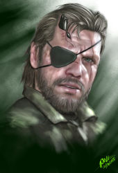 Rule 34 | 10s, 1boy, 2015, beard, brown hair, dated, eyepatch, facial hair, fatigues, green eyes, lips, looking at viewer, male focus, manly, metal gear (series), metal gear solid v: the phantom pain, nose, paul william m. cuison, portrait, realistic, scar, signature, solo, venom snake