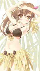 Rule 34 | 1girl, :p, absurdres, armpits, arms up, bikini, blush, breasts, brown eyes, brown hair, cleavage, eyelashes, female focus, grass skirt, highres, large breasts, long hair, looking at viewer, original, ponytail, skirt, smile, solo, swimsuit, tongue, tongue out, tsurusaki takahiro