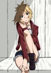 Rule 34 | 1girl, bandeau, blonde hair, boots, braid, collarbone, crown braid, cutoffs, denim, denim shorts, fate/apocrypha, fate/grand order, fate (series), green eyes, head rest, highres, jack-o&#039;-lantern, jacket, jewelry, looking at viewer, midriff, mordred (fate), mordred (fate/apocrypha), mordred (memories at trifas) (fate), necklace, red jacket, short shorts, shorts, simple background, sitting, solo, white background, yuukami (wittsu)