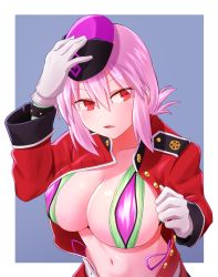 Rule 34 | 1girl, bikini, bikini under clothes, breasts, changing clothes, fate/grand order, fate (series), florence nightingale (fate), florence nightingale (trick or treatment) (fate), gloves, greenkohgen, hair between eyes, hat, large breasts, long hair, long sleeves, looking at viewer, military, military uniform, navel, official alternate costume, open clothes, open shirt, parted lips, pink hair, red eyes, shirt, solo, stomach, swimsuit, uniform, upper body, white gloves