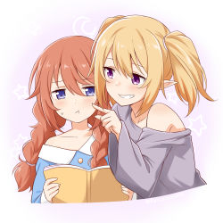 Rule 34 | 2girls, bare shoulders, blonde hair, blue eyes, blue pajamas, blush, book, braid, chloe (princess connect!), commentary request, felutiahime, frown, grey shirt, grin, hair between eyes, highres, holding, holding book, long hair, long sleeves, looking at viewer, multiple girls, off-shoulder shirt, off shoulder, pajamas, pointy ears, princess connect!, purple eyes, shirt, smile, twin braids, twintails, yuni (princess connect!)