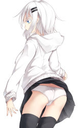 Rule 34 | 1girl, ass, black skirt, black thighhighs, blue eyes, clothes lift, cowboy shot, crotch seam, from behind, hair ornament, hairclip, highres, hood, hoodie, lace, lace-trimmed panties, lace trim, long sleeves, miniskirt, original, otokuyou, panties, pleated skirt, ringo-chan (haegiwa), ringo-chan (otokuyou), short hair, skirt, skirt lift, solo, standing, thighhighs, underwear, white hair, white panties, wind, wind lift