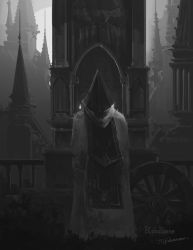 Rule 34 | 1boy, alfred (bloodborne), bloodborne, building, cloak, commentary, copyright name, from behind, grey cloak, greyscale, helmet, highres, hood, hood down, logarius wheel, male focus, monochrome, outdoors, railing, scenery, signature, solo, standing, statue, tripdancer, weapon, wheel