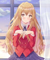 1girl aisaka_taiga blazer blush brown_eyes brown_hair highres jacket long_hair lydia_(thesoundoffreedom) oohashi_high_school_uniform red_jacket school_uniform solo toradora! window