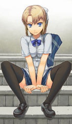 Rule 34 | 1girl, bag, black thighhighs, blonde girl (itou), blonde hair, blue eyes, bow, bowtie, itou (onsoku tassha), loafers, original, school bag, school uniform, shoes, short hair, sitting, sitting on stairs, skirt, solo, spread legs, stairs, thighhighs, v arms