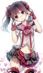 Rule 34 | 10s, 1girl, \m/, bad id, bad pixiv id, black hair, bokura wa ima no naka de, bow, double \m/, fingerless gloves, frilled skirt, frills, gloves, hair bow, hair ribbon, head tilt, idol, long hair, looking at viewer, love live!, love live! school idol project, navel, opopowa, red eyes, red gloves, ribbon, simple background, skirt, smile, solo, suspenders, thighhighs, twintails, white background, yazawa nico, zettai ryouiki