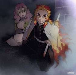 Rule 34 | 1boy, 1girl, belt, blonde hair, braid, breasts, brick wall, cape, colored tips, corner, dalc rose, flame print, focused, forked eyebrows, frown, full body, green eyes, green hair, hair over shoulder, hiding, highres, holding, holding sword, holding weapon, kanroji mitsuri, kimetsu no yaiba, large breasts, long hair, looking afar, looking at another, looking away, looking to the side, mole, mole under eye, multicolored hair, on one knee, open mouth, pants, pink hair, print cape, rain, red eyes, red hair, rengoku kyoujurou, side-by-side, streaked hair, sword, twin braids, weapon, wet, wet hair, white cape, worried