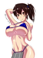Rule 34 | 10s, 1girl, alternate costume, bare arms, bare shoulders, bikini, blue bikini, blush, breasts, brown hair, cleavage, covered erect nipples, cowboy shot, flight deck, fujikusa, groin, hair between eyes, kaga (kancolle), kantai collection, large breasts, looking at viewer, micro bikini, navel, parted lips, red eyes, shiny skin, side ponytail, smile, solo, stomach, swimsuit, underboob