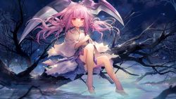 Rule 34 | 18 (backstreetno18), 1girl, bare tree, barefoot, commentary request, duel monster, eyelashes, flower, ghost reaper &amp; winter cherries, hair flower, hair ornament, highres, holding, holding weapon, long hair, night, outdoors, pink hair, red eyes, sash, sitting, sky, soaking feet, solo, star (sky), toes, torn clothes, tree, twintails, water, weapon, yu-gi-oh!