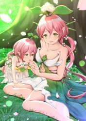 Rule 34 | 2girls, alternate universe, bad id, bad pixiv id, bare shoulders, breasts, child, cleavage, collarbone, granblue fantasy, green eyes, inora, jewelry, leaf, leaf on head, long hair, medium breasts, monster girl, mother and daughter, multiple girls, pink hair, plant girl, pointy ears, ring, sitting, tree, yggdrasil (granblue fantasy)