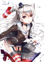Rule 34 | 10s, 1girl, amatsukaze (kancolle), brown eyes, dress, garter straps, hat, henet hene, kantai collection, long hair, mini hat, open mouth, personification, rensouhou-chan, rensouhou-kun, sailor dress, school uniform, serafuku, short dress, silver hair, solo, striped clothes, striped thighhighs, thighhighs, twintails, two side up, water, water drop