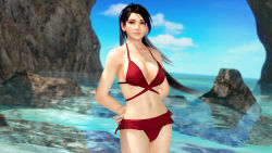 Rule 34 | 1girl, 3d, black hair, breasts, cleavage, dead or alive, dead or alive xtreme 3 fortune, dead or alive xtreme beach volleyball, female focus, large breasts, long hair, momiji (ninja gaiden), official art, outdoors, ponytail, sky, solo, swimsuit