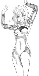 Rule 34 | 1girl, all you need is kill, bodysuit, breasts, greyscale, highres, monochrome, rita vrataski, shingly02, simple background, small breasts, solo, white background