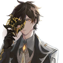 Rule 34 | 1boy, black gloves, black hair, brown hair, close-up, collar, collared shirt, earrings, formal, genshin impact, gils3105, gloves, hair between eyes, highres, jacket, jewelry, long hair, long sleeves, looking at viewer, male focus, mask, multicolored hair, one eye covered, open mouth, shirt, simple background, single earring, solo, suit, white background, yellow eyes, zhongli (genshin impact)
