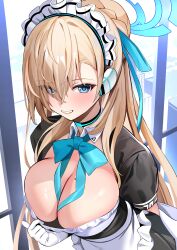 Rule 34 | 1girl, absurdres, apron, arm behind back, asuna (blue archive), black dress, blonde hair, blue archive, blue bow, blue eyes, blue halo, bow, breasts, choker, dress, enishi96, gloves, hair over one eye, halo, headgear, highres, large breasts, long hair, looking at viewer, maid, maid headdress, mole, mole on breast, solo, white gloves