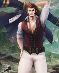 Rule 34 | 1boy, blue eyes, brown hair, bulge, cross scar, epaulettes, facial hair, fate/grand order, fate (series), fringe trim, goatee, highres, himura (him-la), jacket, long sideburns, looking at viewer, male focus, mature male, military, military uniform, muscular, muscular male, napoleon bonaparte (fate), open clothes, open jacket, open shirt, pants, partially unbuttoned, pectoral cleavage, pectorals, scar, scar on chest, short hair, sideburns, solo, thick thighs, thighs, uniform, white pants