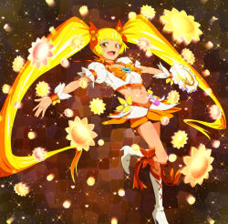 Rule 34 | 10s, 1girl, absurdres, blonde hair, boots, bow, brooch, choker, cure sunshine, earrings, eyelashes, hair ornament, hair ribbon, happy, heart, heart brooch, heartcatch precure!, high heels, highres, jewelry, knee boots, kneehighs, long hair, looking at viewer, magical girl, midriff, myoudouin itsuki, navel, open mouth, orange bow, precure, puffy sleeves, ribbon, shirt, skirt, smile, socks, solo, twintails, uganda (ugandam 00), very long hair, wrist cuffs, yellow eyes, yellow skirt