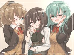 Rule 34 | 3girls, ;d, aqua eyes, aqua hair, beige cardigan, blue eyes, blush, bow, bow (weapon), bowtie, breasts, brown eyes, brown hair, brown jacket, cardigan, crossbow, hair ornament, hairclip, headgear, jacket, kantai collection, kasashi (kasasi008), kumano (kancolle), large breasts, long hair, looking at another, medium breasts, multiple girls, one eye closed, open mouth, ponytail, red neckwear, school uniform, selfie, shirt, sideboob, simple background, smile, suzuya (kancolle), taihou (kancolle), taking picture, upper body, v, weapon, white background, white shirt