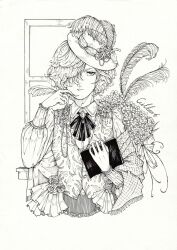 Rule 34 | 1boy, bishounen, black ribbon, blonde hair, book, bouquet, character name, cropped torso, curly hair, english text, eyelashes, flower, gilbert cocteau, hair over one eye, hat, hat feather, hat flower, highres, holding, holding book, holding quill, jewelry, kaze to ki no uta, looking to the side, male focus, monochrome, print vest, puffy sleeves, qinyuan224, quill, ribbon, ring, traditional media, vest