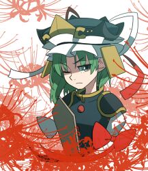 Rule 34 | 1girl, asymmetrical hair, bow, buttons, closed mouth, commentary request, epaulettes, eyes visible through hair, flower, frilled hat, frills, frown, green eyes, green hair, grey hat, grey vest, hat, kansuke (bubuduke), looking at viewer, medium bangs, one-hour drawing challenge, one eye closed, red bow, red flower, rod of remorse, shaded face, shiki eiki, shirt, short hair, sleeve bow, solo, spider lily, touhou, upper body, v-shaped eyebrows, vest, white background, white bow, white shirt