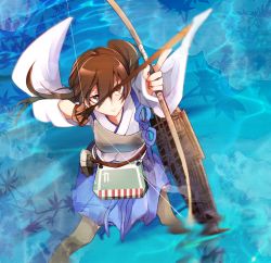 Rule 34 | 10s, 1girl, aiming, bad id, bad pixiv id, bow (weapon), brown hair, commentary request, drawing bow, failure, hair between eyes, highres, holding bow (weapon), japanese clothes, kaga (kancolle), kantai collection, long hair, multiple girls, pleated skirt, short hair, side ponytail, skirt, solo, weapon, yakusuke, you&#039;re doing it wrong