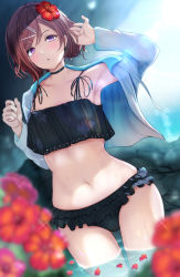 Rule 34 | 1girl, :o, arm up, armpits, bikini, black bikini, black choker, blue jacket, blurry, blurry background, blurry foreground, blush, brown hair, choker, commentary request, cowboy shot, drawstring, dutch angle, flat chest, flower, frilled bikini, frills, fujita kanbe, gluteal fold, hair between eyes, hair flower, hair ornament, hairclip, hands up, higuchi madoka, idolmaster, idolmaster shiny colors, jacket, long sleeves, looking at viewer, midriff, mole, mole under eye, navel, open clothes, open jacket, parted lips, petals, petals on liquid, purple eyes, revision, short hair, sidelocks, solo, standing, swept bangs, swimsuit, wading, water, wet, x hair ornament