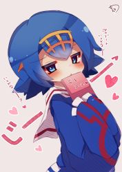 Rule 34 | 1girl, blue eyes, blue hair, blush, check translation, cosplay, creatures (company), game freak, gen 3 pokemon, hairband, heart, highres, kyogre, kyogre (cosplay), lana (pokemon), legendary pokemon, looking at viewer, muuran, nintendo, pink background, pokemon, pokemon sm, short hair, simple background, sketch, sleeves past wrists, solo, translation request, trial captain