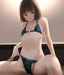 Rule 34 | 1girl, bare shoulders, blush, bob cut, bra, breasts, brown eyes, brown hair, collarbone, commentary request, groin, highres, looking at viewer, mole, mole on breast, nail polish, navel, original, panties, red nails, short hair, sitting, small breasts, smile, solo, spread legs, tama (tamago), underwear