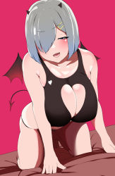 Rule 34 | 1girl, absurdres, all fours, blue eyes, blush, bob cut, breasts, cleavage, cleavage cutout, clothing cutout, collarbone, demon girl, demon horns, demon tail, demon wings, donguri nam1234, fang, hair ornament, hair over one eye, hairclip, halloween costume, hamakaze (kancolle), heart cutout, highres, horns, huge breasts, kantai collection, large breasts, leaning forward, looking at viewer, on bed, one-piece swimsuit, open mouth, shiny skin, short hair, sidelocks, silver hair, simple background, smile, solo, swimsuit, tail, wings