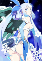 Rule 34 | 1girl, adjusting clothes, adjusting panties, alternate color, angel wings, ass, asymmetrical wings, back, blue eyes, blue nails, blue ribbon, breasts, butt crack, detached sleeves, dizzy (guilty gear), from behind, guilty gear, hair ribbon, hair rings, highres, long hair, looking back, medium breasts, monster girl, nail polish, orochi (namashiba), panties, ribbon, sideboob, snow, snowflakes, snowing, solo, tail, thighs, twintails, underwear, upskirt, wedgie, white hair, white panties, wings
