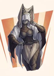 Rule 34 | 1girl, armor, armored dress, breasts, cape, colored skin, dress, elden ring, emile aoi, grey skin, highres, long sleeves, looking at viewer, night maiden (elden ring), smile, solo, veil, white background, white cape, white veil