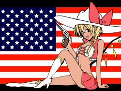 Rule 34 | 1girl, :d, alternate costume, american flag, asagaya, bad id, bad pixiv id, blonde hair, boots, bow, cowboy hat, fang, flandre scarlet, gun, handgun, hat, hat bow, high heel boots, high heels, low wings, midriff, navel, open mouth, red eyes, red ribbon, revolver, ribbon, sitting, skirt, smile, solo, touhou, weapon, cowboy western, wings