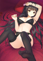 Rule 34 | 1girl, absurdres, arm up, armpits, bed sheet, black bra, black hair, black thighhighs, bottomless, bra, breasts, cafe stella to shinigami no chou, censored, collarbone, condom, flower, garter belt, haku89, highres, holding, holding condom, lace, lace bra, long hair, looking at viewer, lying, medium breasts, mosaic censoring, navel, nipples, on back, on bed, open mouth, petals, pillow, pussy, red flower, red rose, rose, shiki natsume, solo, thigh strap, thighhighs, underwear, underwear only, very long hair, yellow eyes