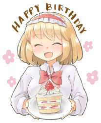 Rule 34 | 1girl, alice margatroid, arnest, blonde hair, blush, bow, bowtie, cake, cake slice, closed eyes, collared shirt, flower, food, fruit, hairband, happy birthday, highres, holding, holding plate, lolita hairband, long sleeves, open mouth, plate, red bow, shirt, short hair, smile, solo, strawberry, strawberry cake, touhou, white background, white shirt
