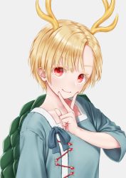 Rule 34 | 1girl, antlers, blonde hair, blue ribbon, blue shirt, colored eyelashes, commentary request, dragon horns, grey background, highres, horns, kicchou yachie, long sleeves, looking at viewer, red eyes, ribbon, shirt, short hair, simple background, smile, solo, torinari (dtvisu), touhou, upper body