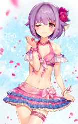 Rule 34 | 1girl, ;), ainy, bad id, bad twitter id, bare shoulders, bikini, bikini skirt, blue background, blush, breasts, bridal garter, brown eyes, collarbone, commentary request, cowboy shot, flower, flower bracelet, flower necklace, frilled skirt, frills, hair between eyes, hair flaps, hair flower, hair intakes, hair ornament, hand up, highres, idolmaster, idolmaster cinderella girls, jewelry, koshimizu sachiko, looking at viewer, navel, necklace, one eye closed, petals, pink bikini, pink flower, pink skirt, purple hair, red flower, ribbon, short hair, skirt, small breasts, smile, solo, standing, stomach, swimsuit, thighs, wrist ribbon