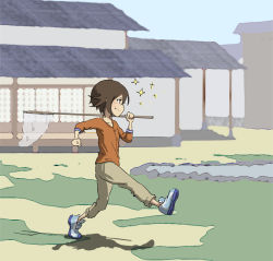 Rule 34 | 1girl, blue sky, brown eyes, brown hair, brown pants, building, butterfly net, closed mouth, commentary, day, girls und panzer, hand net, holding, long sleeves, nishizumi maho, orange shirt, outdoors, over shoulder, pants, run the 9tails, shadow, shirt, shoes, short hair, sky, smile, solo, sparkle, walking, white footwear, aged down