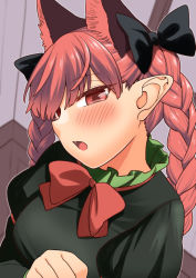 Rule 34 | 1girl, animal ear fluff, animal ears, arm garter, black bow, blurry, blush, bow, braid, commentary request, depth of field, dress, extra ears, eyelashes, frills, fuuzasa, green dress, hair bow, juliet sleeves, long hair, long sleeves, looking at viewer, neck ribbon, open mouth, pointy ears, puffy sleeves, red eyes, red ribbon, ribbon, solo, standing, sweatdrop, tongue, touhou, twin braids