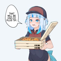 Rule 34 | 1girl, alternate costume, baseball cap, blue eyes, blue hair, blue nails, blunt bangs, box, buttons, collared shirt, delivery, eating, employee uniform, english text, fingernails, fins, fish tail, food, food on face, gawr gura, hands up, hat, highres, holding, holding box, hololive, hololive english, long hair, moral cacoethes, multicolored hair, nail polish, no pants, open mouth, paid reward available, pizza, pizza box, pizza delivery, shark tail, sharp teeth, shirt, short sleeves, solo, tail, teeth, two side up, uniform, upper body, virtual youtuber, wing collar